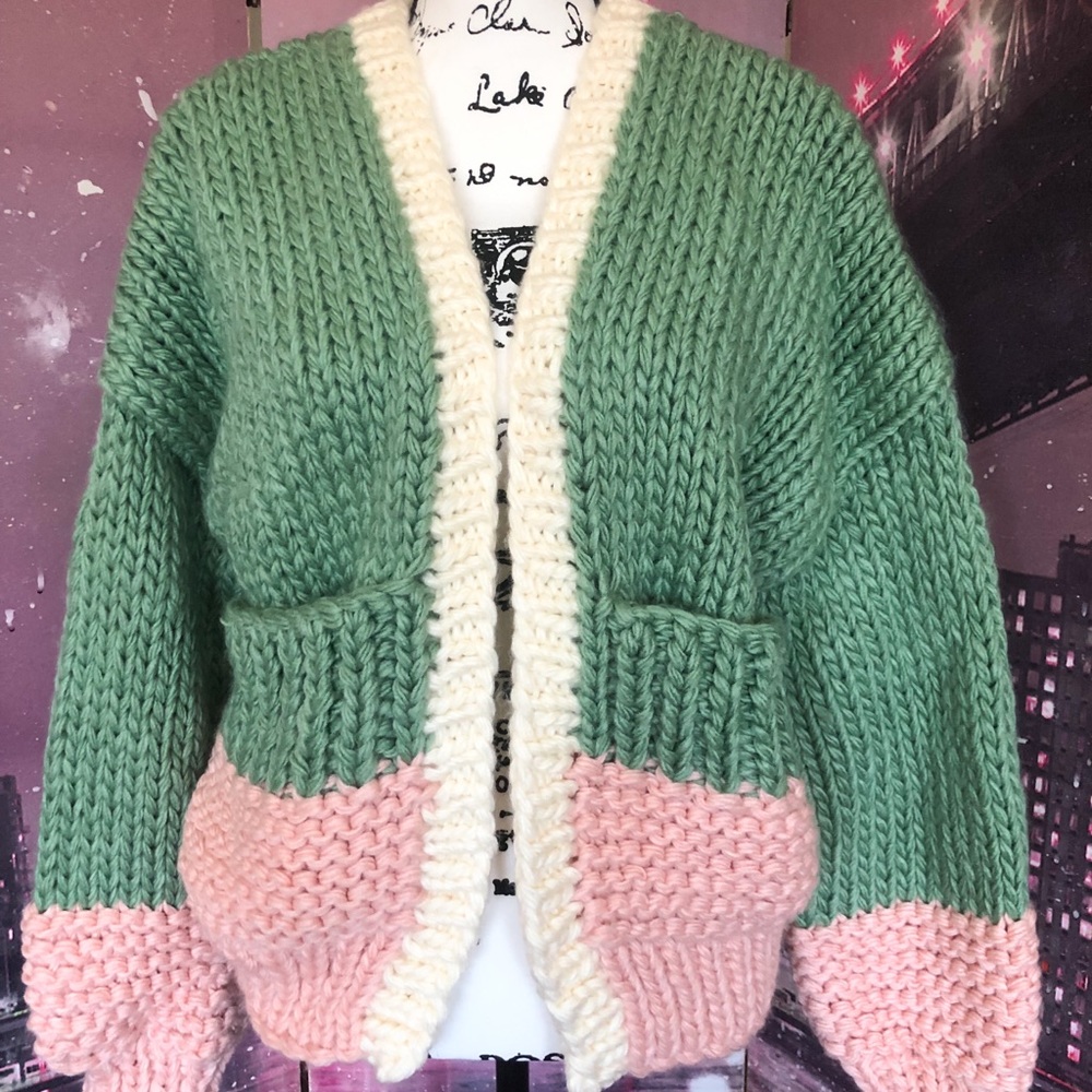 Cardigan sweater boho knit puff sleeve thick chic chunky green pink - Picture 9 of 14